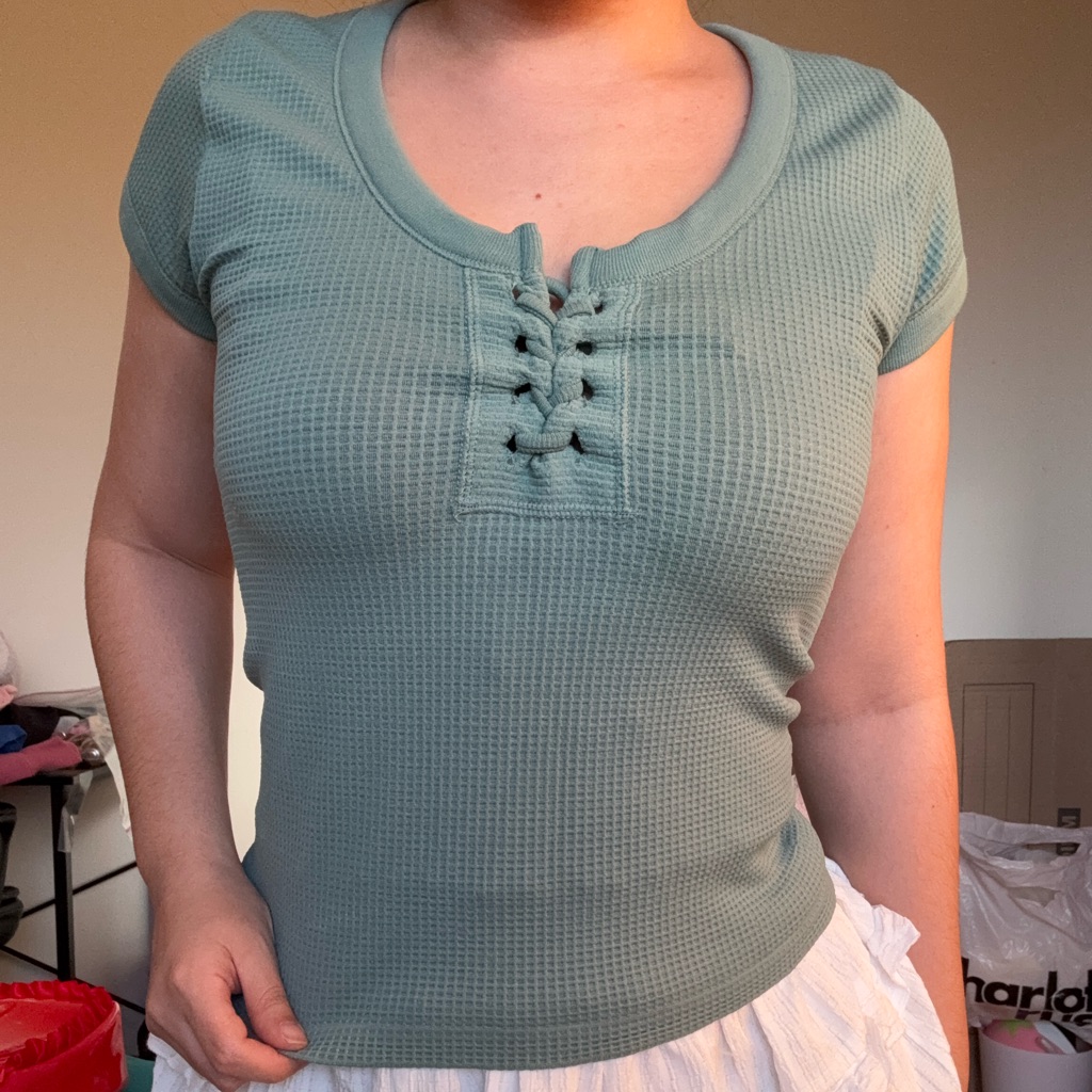 Sage Green Waffle-Knit Lace-Up Crop Top